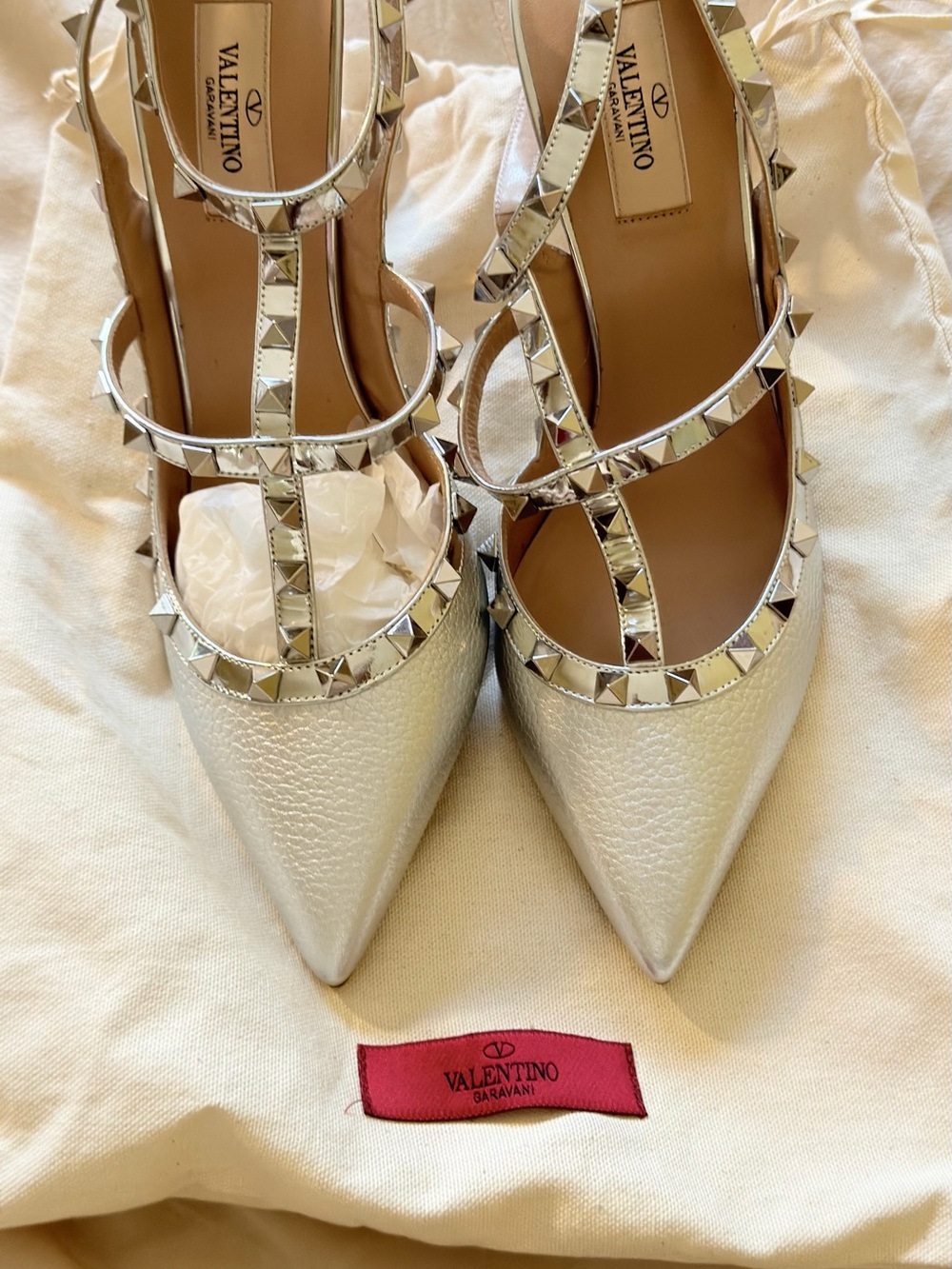 Valentino Garavani Silver Pyramid-Stud Pointed T-Strap Flats